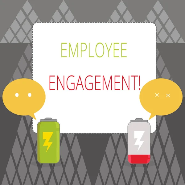 Text sign showing Employee Engagement. Conceptual photo relationship between an organization and its employees Fully Charged and Discharged Battery with Two Colorful Emoji Speech Bubble.