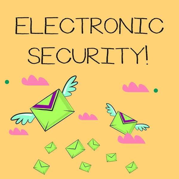 Word writing text Electronic Security. Business concept for electronic equipment that perform security operations Many Colorful Airmail Flying Letter Envelopes and Two of Them with Wings. — Stock Photo, Image