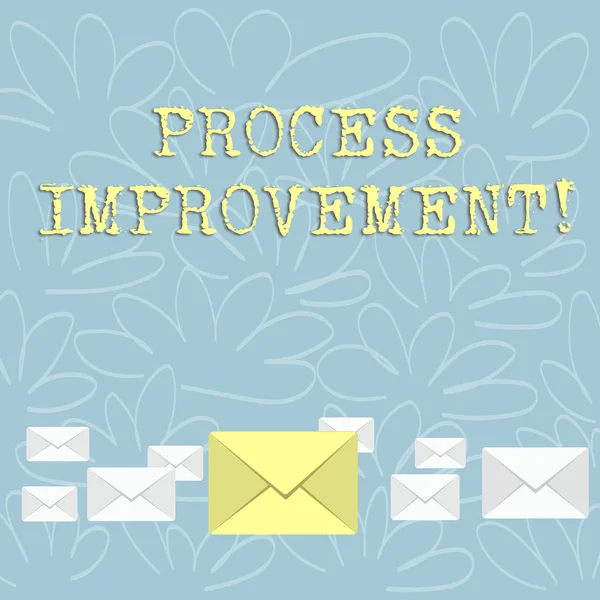 Writing note showing Process Improvement. Business photo showcasing ongoing effort to improve products services or processes Color Envelopes in Different Sizes with Big one in Middle. — Stock Photo, Image