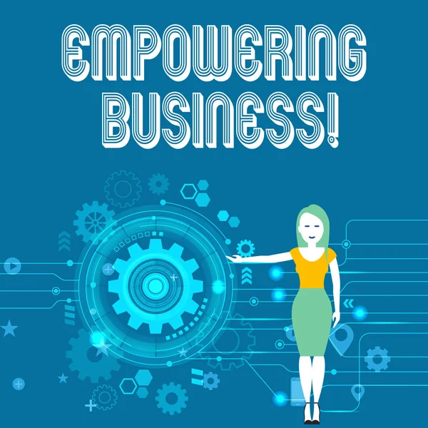 Signo de texto que muestra Empowering Business. Fotografía conceptual creando un entorno que fomenta el crecimiento de los negocios Woman Standing y Presentando el Proceso SEO con Cog Wheel Gear dentro . — Foto de Stock