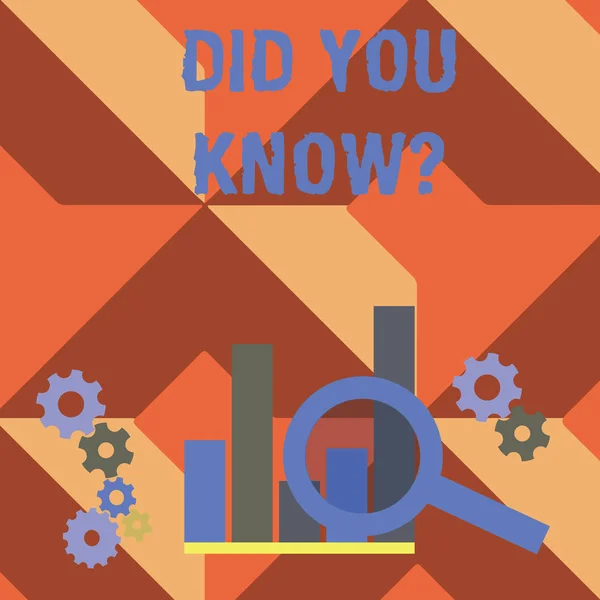 Escribiendo una nota mostrando Did You Know Question. Exhibición de la foto de negocio cuando usted está preguntando a alguien si saben hecho o acontecimiento lupa en el gráfico junto engranaje de rueda de engranaje para el análisis . — Foto de Stock