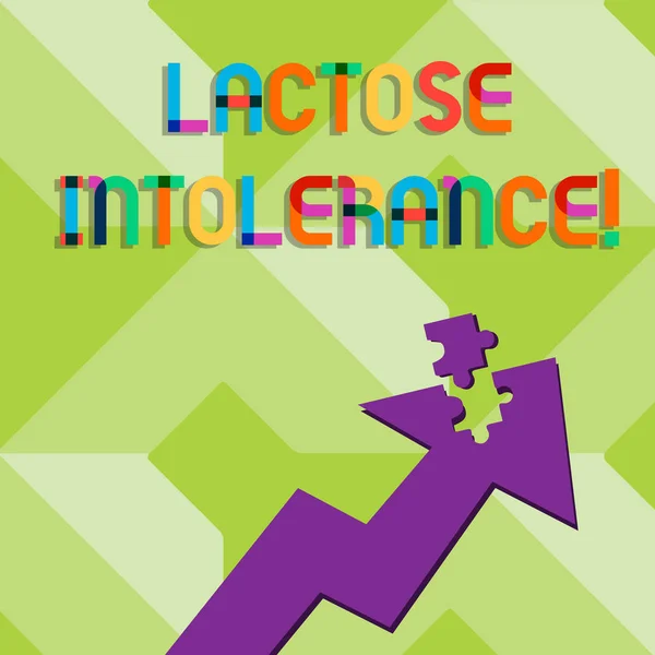Handwriting text writing Lactose Intolerance. Concept meaning digestive problem where body is unable to digest lactose Colorful Arrow Pointing Upward with Detached Part Like Jigsaw Puzzle Piece.