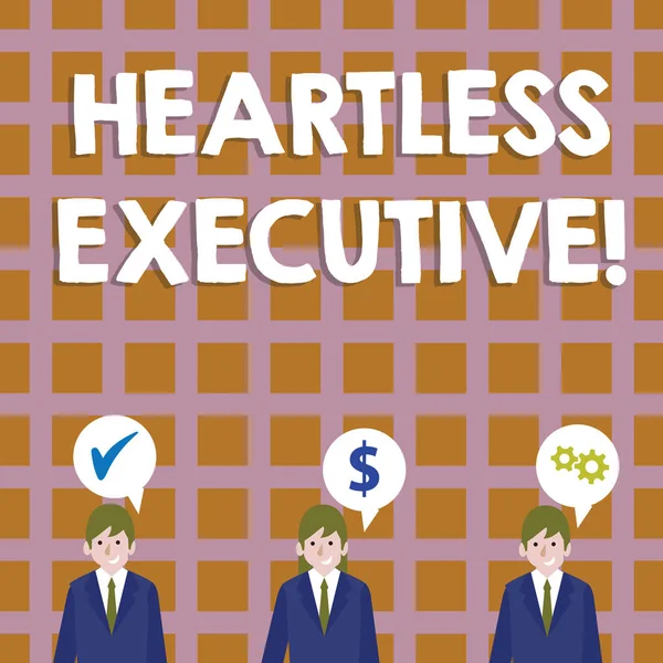 Conceptual hand writing showing Heartless Executive. Business photo showcasing workmate showing a lack of empathy or compassion Businessmen has Speech Bubble with Optimization Cost Icons.