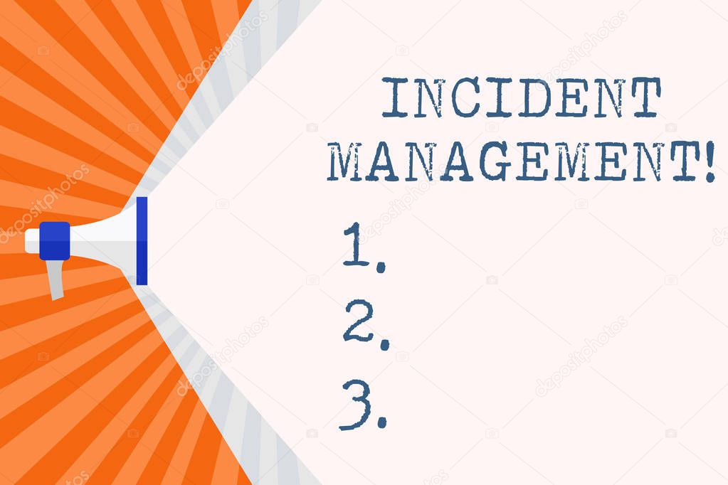 Text sign showing Incident Management. Conceptual photo Activities of a company to identify and correct hazards Megaphone Extending the Capacity of Volume Range thru Blank Space Wide Beam.