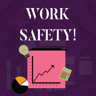 İş Güvenliğini gösteren metin işareti. Kavramsal fotoğraf politikaları ve çalışanların sağlığını sağlamak için uygulanan prosedürler Pasta ve Çizgi Grafik Ok Going Up, Ampul, Hesap Makinesi ile Yatırım Simgeleri.