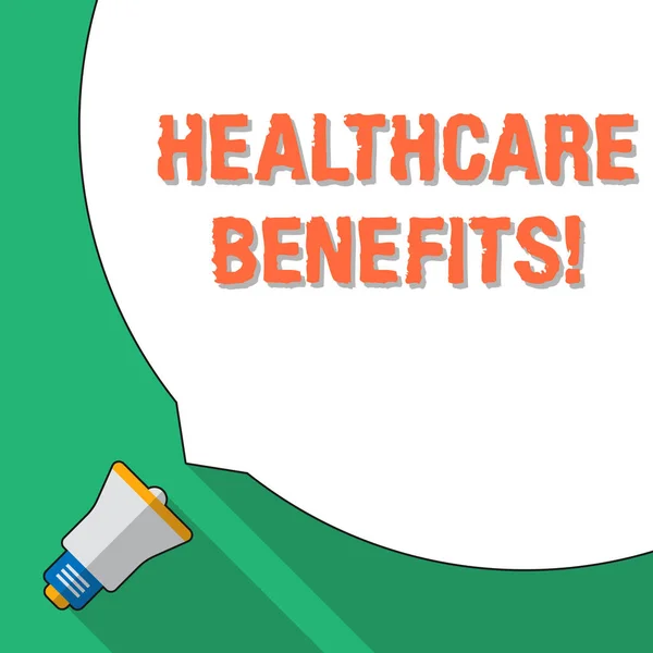 Word writing text Healthcare Benefits. Business concept for use the health services without risk of financial ruin Huge Blank White Speech Bubble Occupying Half of Screen and Small Megaphone.