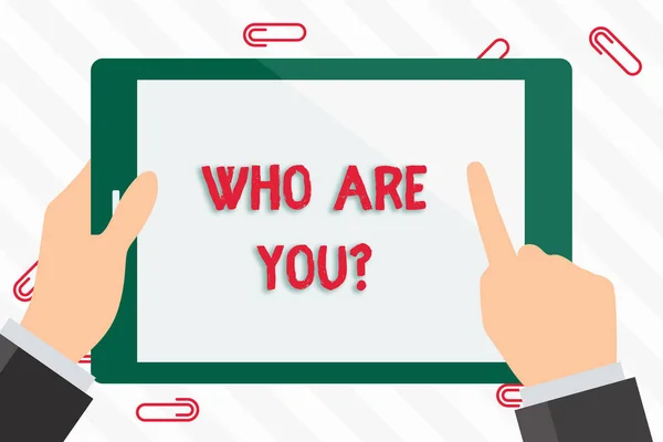 Text sign showing Who Are You Question. Conceptual photo asking about someone identity or demonstratingal information Businessman Hand Holding, Pointing and Touching Colorful Tablet Blank Screen. — 스톡 사진