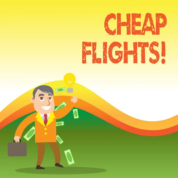 Text sign showing Cheap Flights. Conceptual photo costing little money or less than is usual or expected airfare. — Stock Photo, Image