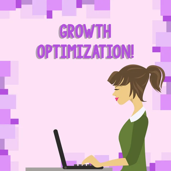 Word writing text Growth Optimization. Business concept for Finding an alternative with the most cost effective photo of Young Busy Woman Sitting Side View and Working on her Laptop.