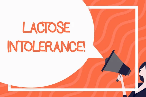 Word writing text Lactose Intolerance. Business concept for digestive problem where body is unable to digest lactose Huge Blank Speech Bubble Round Shape. Slim Woman Holding Colorful Megaphone.