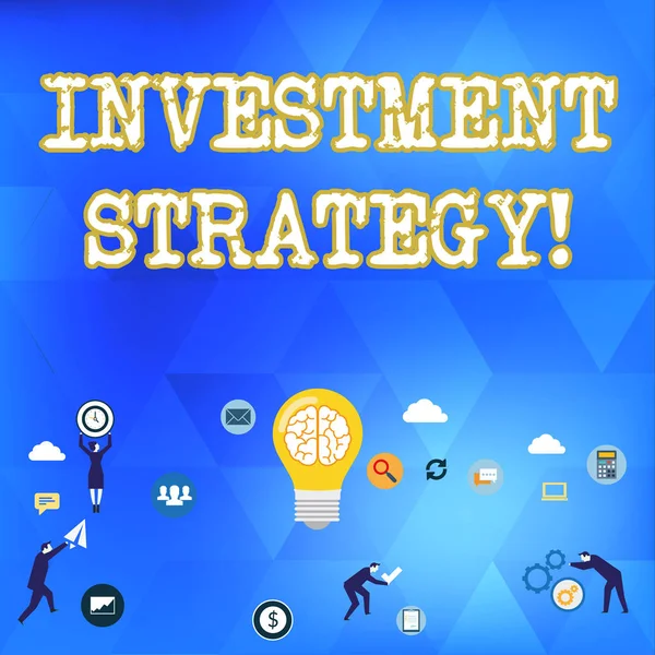 手写文本投资策略。概念意味着分配可投资资产的系统计划 商业数字营销符号、元素、活动和概念平面图标. — 图库照片