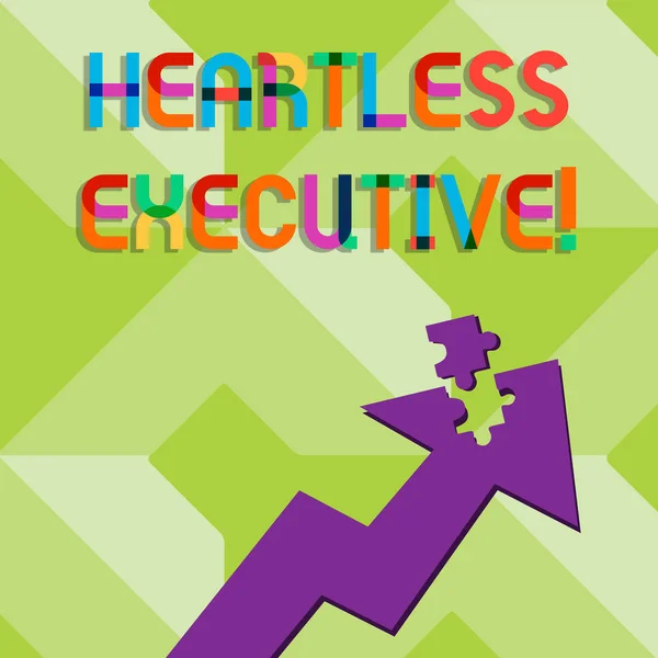 Handwriting text writing Heartless Executive. Concept meaning workmate showing a lack of empathy or compassion Colorful Arrow Pointing Upward with Detached Part Like Jigsaw Puzzle Piece.