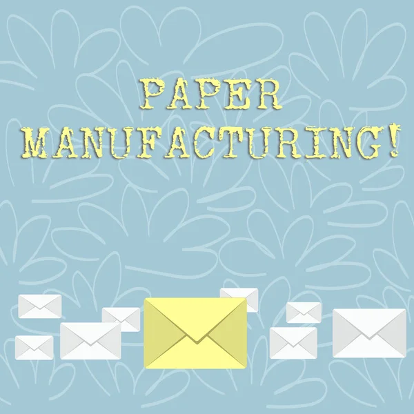 Writing note showing Paper Manufacturing. Business photo showcasing company that use wood as raw material and produce paper Color Envelopes in Different Sizes with Big one in Middle.