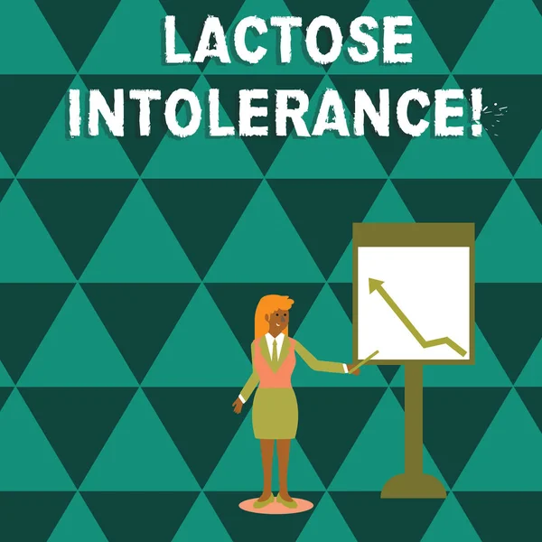 Writing note showing Lactose Intolerance. Business photo showcasing digestive problem where body is unable to digest lactose Woman Holding Stick Pointing to Chart of Arrow on Whiteboard.
