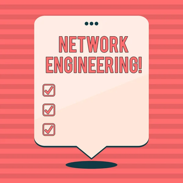 Writing note showing Network Engineering. Business photo showcasing field concerned with internetworking service requirement Blank White Speech Balloon Floating with Punched Hole on Top.