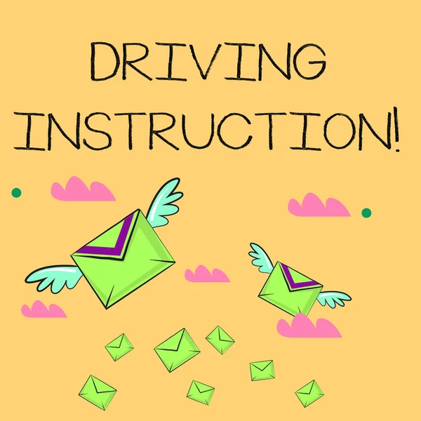 Word writing text Driving Instruction. Business concept for detailed information on how driving should be done Many Colorful Airmail Flying Letter Envelopes and Two of Them with Wings.