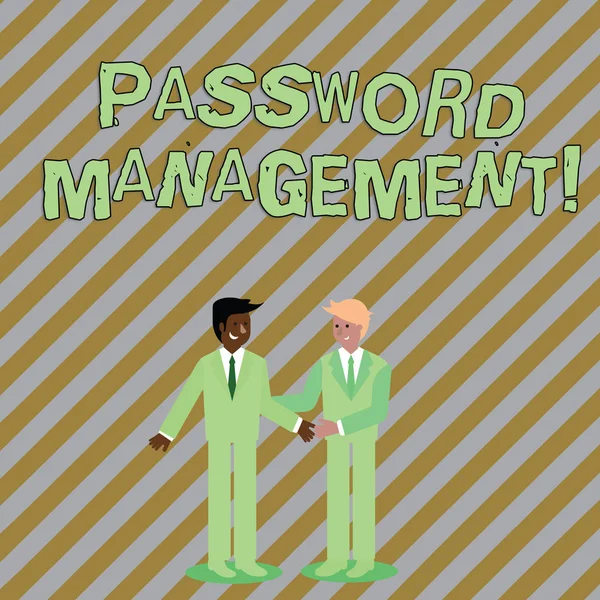 Word writing text password management. Business-Konzept für Software, die Benutzern hilft, Passwörter besser zu analysieren Zwei Geschäftsleute stehen, lächeln und grüßen sich per Handschlag. — Stockfoto