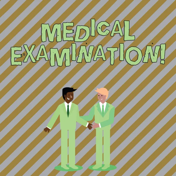 Word writing text Medical Examination. Business concept for Checkup carried out to determine the physical fitness Two Businessmen Standing, Smiling and Greeting each other by Handshaking. — 스톡 사진