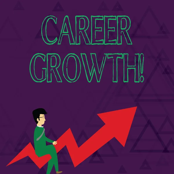 Writing note showing Career Growth. Business photo showcasing the process of making progress to better jobs or career Businessman with Eyeglasses Riding Crooked Arrow Pointing Up.