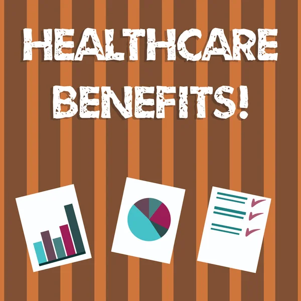 Text sign showing Healthcare Benefits. Conceptual photo use the health services without risk of financial ruin Presentation of Bar, Data and Pie Chart Diagram Graph Each on White Paper.