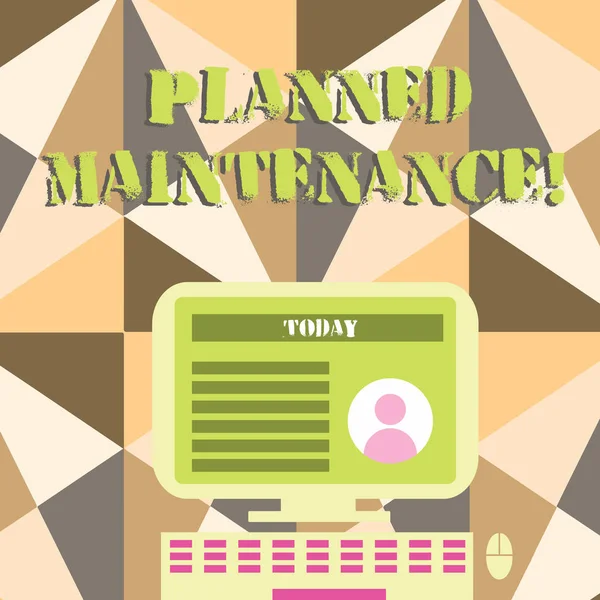 stock image Word writing text Planned Maintenance. Business concept for reventive maintenance carried out base on a fixed plan Desktop Computer Mounted on Stand with Online Profile Data on Monitor Screen.