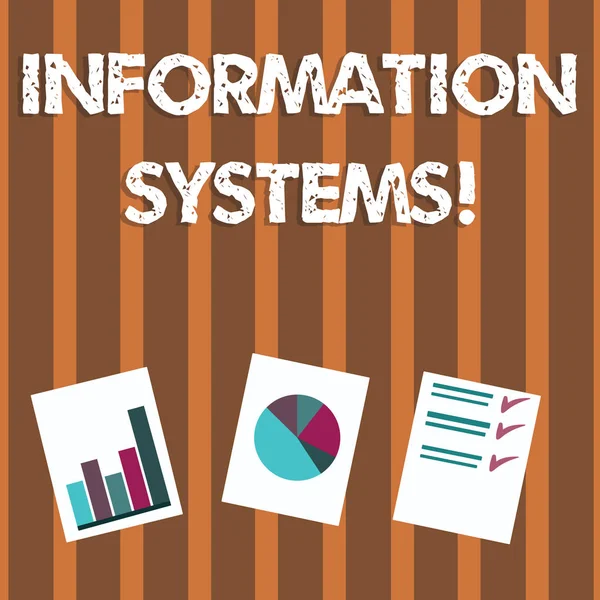 Text sign showing Information Systems. Conceptual photo study of systems with a exact reference to information Presentation of Bar, Data and Pie Chart Diagram Graph Each on White Paper.