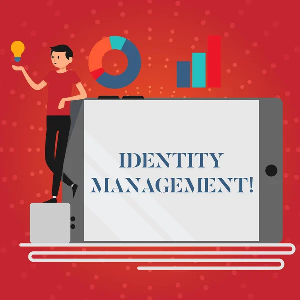 Nota di scrittura che mostra Identity Management. Foto aziendale che mostra l'amministrazione di identità individuali all'interno di un sistema Man Appendere su Smartphone acceso Side Graph e Idea Icon . — Foto Stock