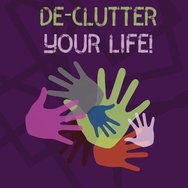 Word writing text De Clutter Your Life. Business concept for remove unnecessary items from untidy or overcrowded places Color Hand Marks of Different Sizes Overlapping for Teamwork and Creativity. — 스톡 사진