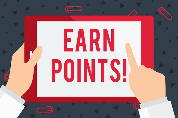 Handwriting text Earn Points. Concept meaning collecting scores in order qualify to win big prize Businessman Hand Holding, Pointing and Touching Colorful Tablet Blank Screen.