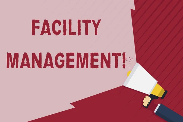 Handwriting text writing Facility Management. Concept meaning maintenance of an organization s is buildings and equipment Hand Holding Megaphone with Blank Wide Beam for Extending the Volume Range.