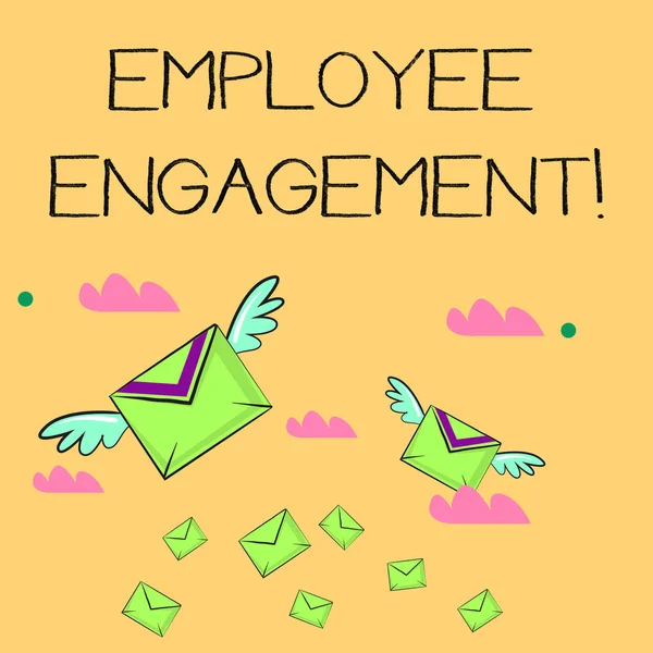 Word writing text Employee Engagement. Business concept for relationship between an organization and its employees Many Colorful Airmail Flying Letter Envelopes and Two of Them with Wings.