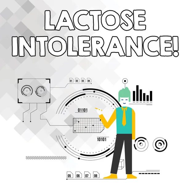 Word writing text Lactose Intolerance. Business concept for digestive problem where body is unable to digest lactose Man Standing Holding Pen Pointing to Chart Diagram with SEO Process Icons.