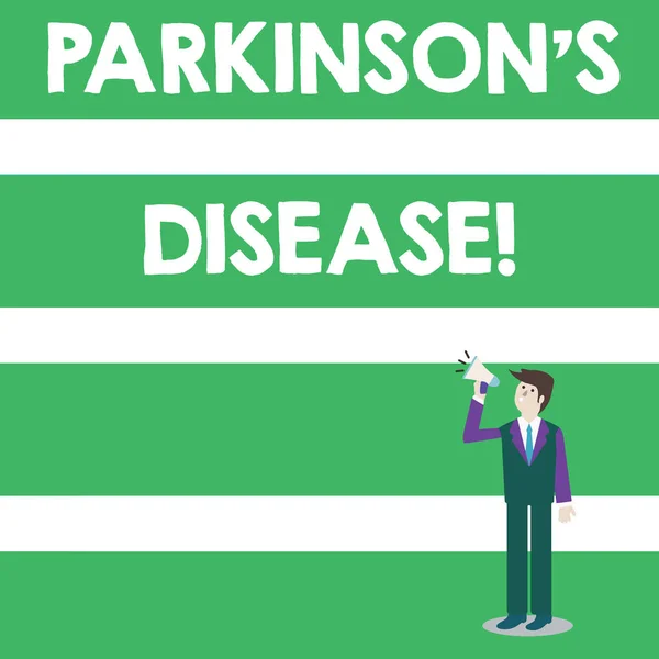 Το σημάδι που δείχνει Πάρκινσον είναι ασθένεια. Εννοιολογική διαταραχή του νευρικού συστήματος φωτογραφία που επηρεάζει την κίνηση Businessman Looking Up, Holding and Talking on Megaphone με εικονίδιο έντασης. — Φωτογραφία Αρχείου