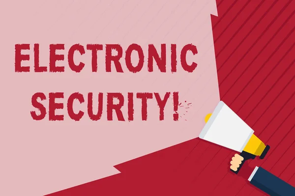 Handwriting text writing Electronic Security. Concept meaning electronic equipment that perform security operations Hand Holding Megaphone with Blank Wide Beam for Extending the Volume Range.