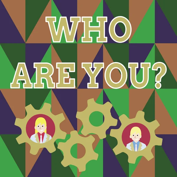 Text sign showing Who Are You Question. Conceptual photo asking about someone identity or demonstratingal information Two Business People Each Inside Colorful Cog Wheel Gears for Teamwork Event. — Stok fotoğraf