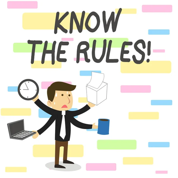 Escrita conceitual mostrando Know The Rules. Foto de negócios mostrando conjunto princípios explícitos ou de regulamentação que regem a conduta . — Fotografia de Stock
