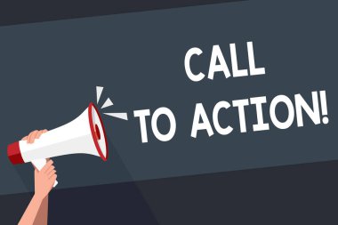 Sözcük yazma: Call To Action. Öğüt vermek için iş kavramı sorunlu İnsan Eli Tutma amacına ulaşmak için bir şey yapmak Ses Simgesi ve Boşluk Metin Boşluğu ile sıkı bir Megafon.