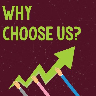 El yazısı metin Neden Bizi Seçin Soru. Ürün servisini seçmek için konsept anlam listesi Üç El Renkli Zikzak Şimşek Ok İşaretleme ve Yukarı Gitme.