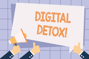 Dijital Detox 'u gösteren not yazılıyor. Bir gösteri sırasında iş fotoğraflarının gösterileceği zaman aralığı cihazları kullanmayı durdurur. El ele tutuşan megafon ve baş parmaklar yukarı yazı balonu..
