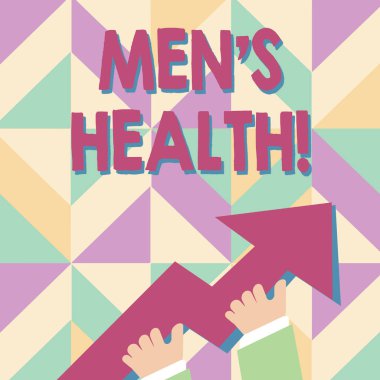 El yazısı metin Men S Sağlık. El Tutan Renkli Büyük 3d Ok İşaret ve Going Up analiz fotoğrafı ile tam fiziksel zihinsel ve sosyal iyi olma durumu anlamı Kavramı.