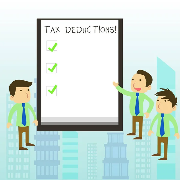Pisanie tekstu potrąceń podatkowych. Koncepcja biznesowa dla dochodu redukcyjnego, który może być opodatkowany wydatków. — Zdjęcie stockowe