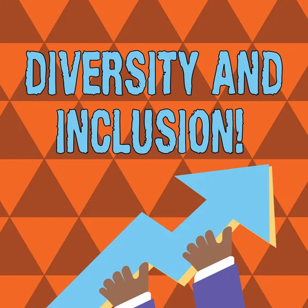Conceptual hand writing showing Diversity And Inclusion. Business photo showcasing range huanalysis difference includes race ethnicity gender Hand Holding Colorful Huge 3D Arrow Pointing and Going Up.