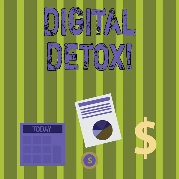 Nota di scrittura che mostra Digital Detox. Foto d'affari che mostra il periodo di tempo durante una dimostrazione si ferma dall'utilizzo di gadget Dollaro Investimento in oro e presentazione dei dati attraverso il grafico a torta . — Foto Stock