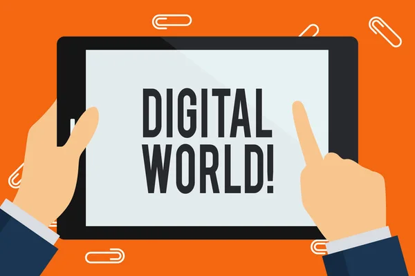 Texto de escritura de palabras Digital World. Concepto de negocio para Inter conectado a través de dispositivos digitales y redes sociales Empresario de mano sosteniendo, señalando y tocando la colorida pantalla en blanco de la tableta . — Foto de Stock