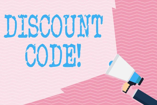 Writing note showing Discount Code. Business photo showcasing Series of letters or numbers that allow you to get a discount Hand Holding Megaphone with Wide Beam Extending the Volume. — 스톡 사진