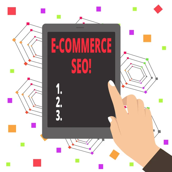 Texto de escritura de palabras E Commerce Seo. Concepto de negocio para hacer tu tienda online más visible en el buscador . — Foto de Stock