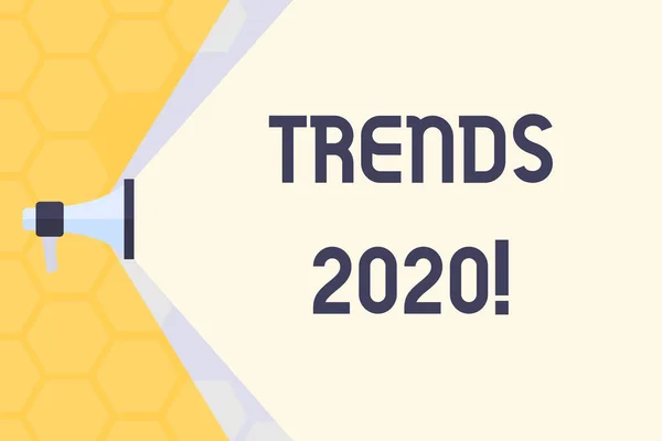 Tekst teken met de Trends 2020. Conceptuele foto algemene richting waarin iets is het ontwikkelen of veranderen megaphone uitbreiding van de capaciteit van het volume bereik Thru lege ruimte brede bundel. — Stockfoto