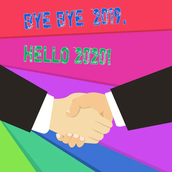 Signo de texto que muestra Bye Bye 2019 Hello 2020. Foto conceptual diciendo adiós al año pasado y dando la bienvenida a otro bueno . —  Fotos de Stock