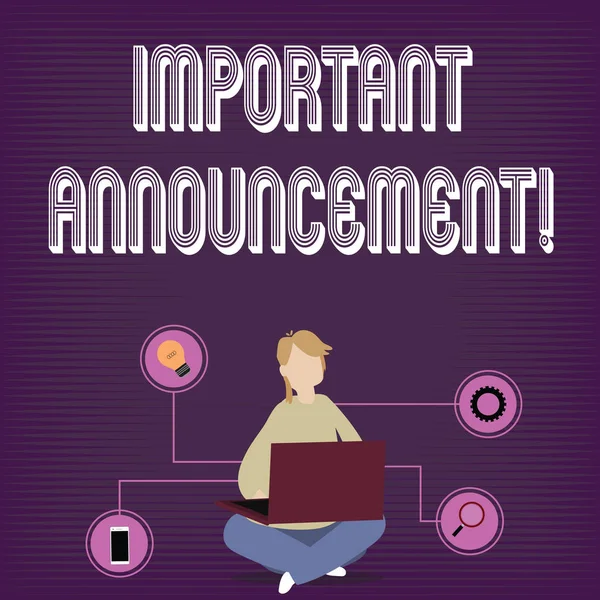 Text sign showing Important Announcement. Conceptual photo spoken statement that tells showing about something Woman Sitting Crossed Legs on Floor Browsing the Laptop with Technical Icons. — Stock Photo, Image