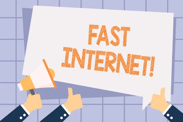 Writing note showing Fast Internet. Business photo showcasing term used for Internet service that is faster than the average Hand Holding Megaphone and Gesturing Thumbs Up Text Balloon. — 스톡 사진